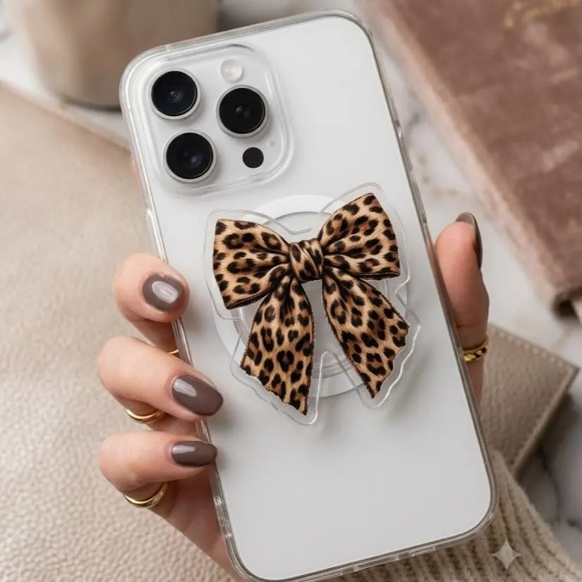 Trendy Leopard Print Bow MagSafe Phone Grip - Magnetic Phone Holder & E-reader Stand - Y2K Coquette Gift