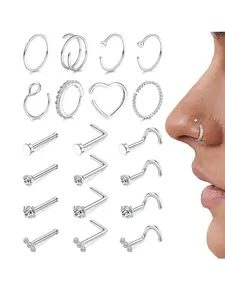 20g Nose Rings Hoops Nose Studs - Hypoallergenic Surgical Steel CZ Nose Stud L Shape Body Nostril Piercing Jewelry for Women Men 14k Gold Plated 20Pcs