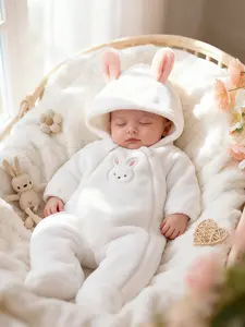 Adorable Baby Bunny Hooded Onesie with Cute Rabbit Embroidery, Autumn Winter Warm Comfortable Crawling Suit for Infants, Baby Clothes Girl