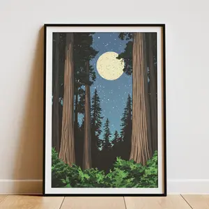 Redwood National Park Poster Moonlit Forest Print Vintage Style Wall Art California Travel Poster Home Decor Redwood Forest Illustration