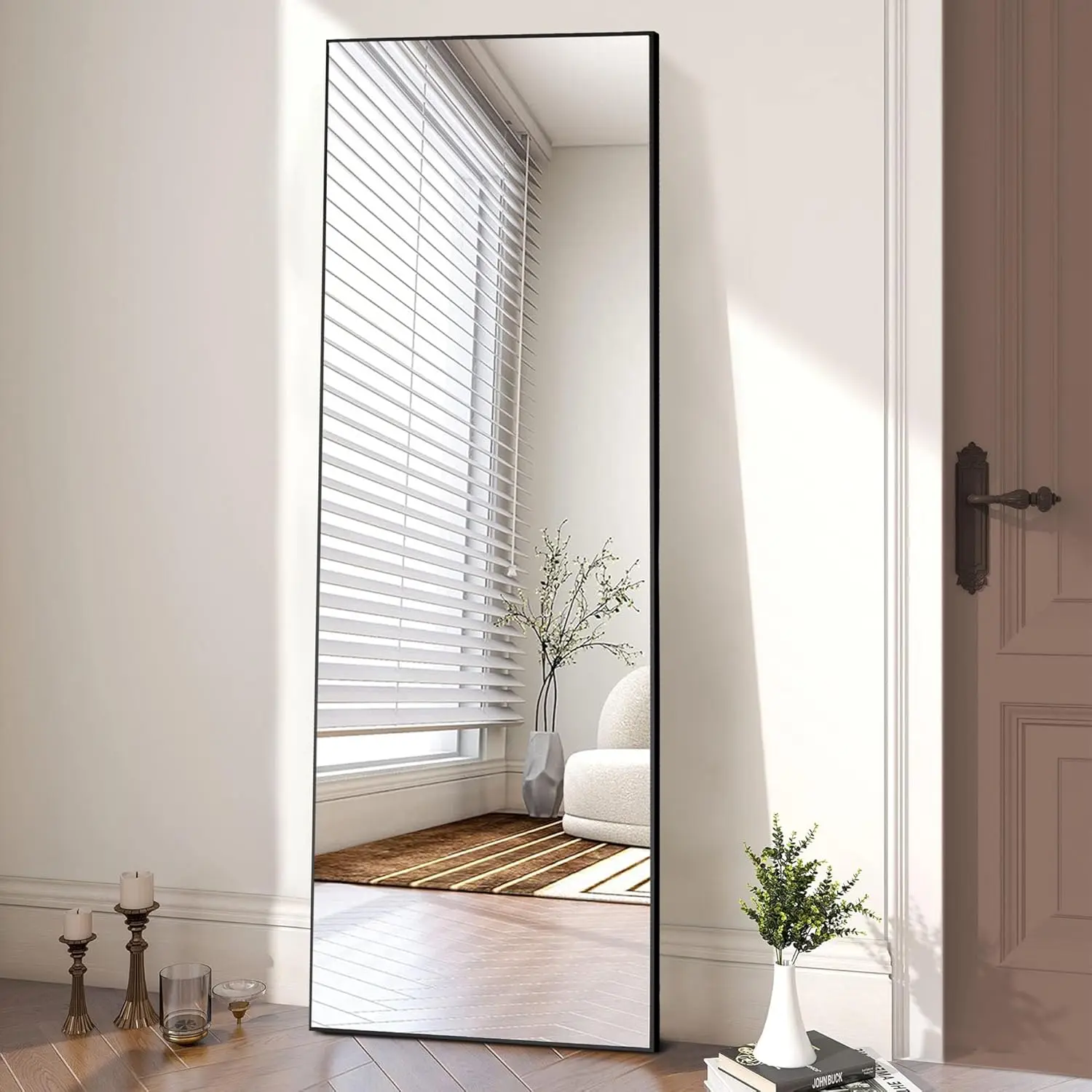 64x21 Inch Luxury Rectangular Mirror - Professional Grade Aluminum Alloy Frame | Full Body Dressing Mirror for Walk-in Closet, Boutique & Vanity Area (Zero-Gap Wall Stand),Black