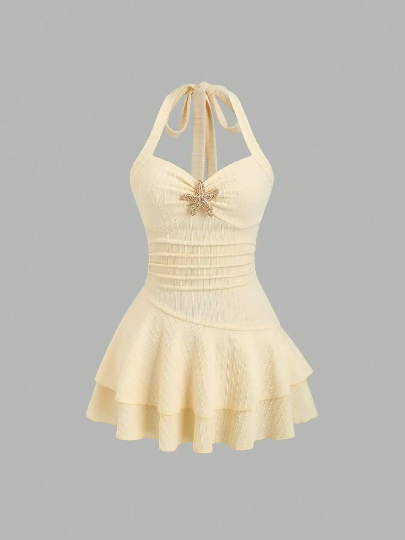 Women's New Elegant Summer Dress, Cute Style Halter Neck Ruched Dress for Beach & Vacation, Comfortable Fabric, Starfish Metal Charm, Layered Hem, Playful Mini Dress