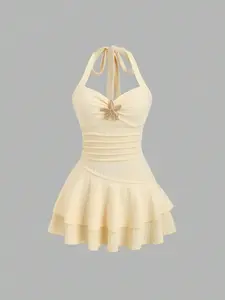 Women's New Summer Dress, Beach Vacation Style, Elegant Fabric, Halter Neck, Front Pleats, Metal Decor, Layered Hem, Playful Cute Mini Dress