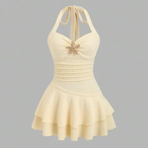 Women's New Elegant Summer Embellished Dress, Cute Style Sleeveless Halter Neck Ruched Dress for Beach & Vacation, Comfortable Fabric, Starfish Metal Charm, Layered Hem, Playful Mini Dress