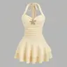 Women's New Elegant Summer Embellished Dress, Cute Style Sleeveless Halter Neck Ruched Dress for Beach & Vacation, Comfortable Fabric, Starfish Metal Charm, Layered Hem, Playful Mini Dress