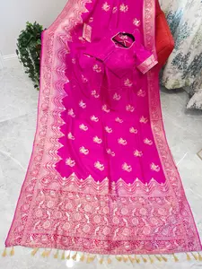 Royal Fuchsia Magenta Munga Banarasi Crepe Silk Saree with Stitched Blouse