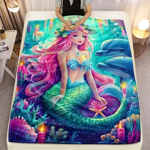Mermaid fantasy underwater scene blanket with dolphins coral and flowers soft flannel throw for bedroom decor cozy warm textile