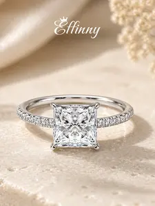 Effinny Synthetic Lab Created Moissanite 2.0 CT Princess Cut 14K Gold Plated Engagement Ring, D Color VVS1 Travel-friendly Promise Women's Jewelry for Daily Wear