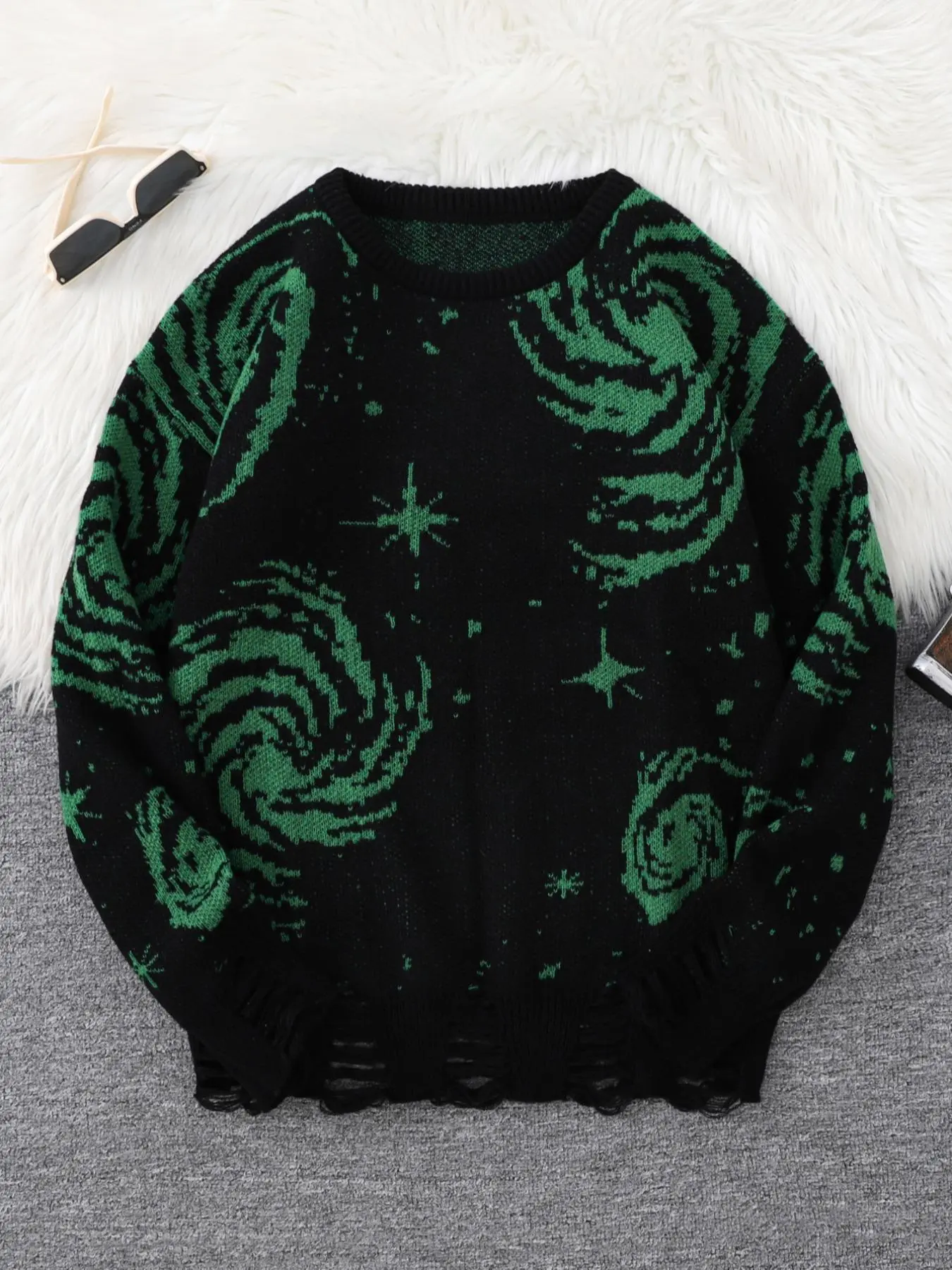 Men's Graphic Galaxy Pattern Ripped Drop Shoulder Sweater, Loose Casual Long Sleeve Round Neck Jumper for Fall & Winter, Fashion Men's Knitwear for Daily Wear, Drop Shoulder Pullover, Loose Fit Knit
