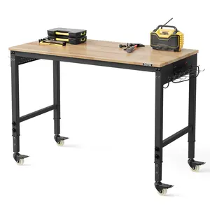 Garvee Adjustable Workbench 48 x 24 Inch – 6 Height Levels, 2000 lb Capacity, Sturdy Rubberwood Top, ETL Power Strip, Swivel Casters, Pegboard & Hooks – Ideal for Garage or Workshop