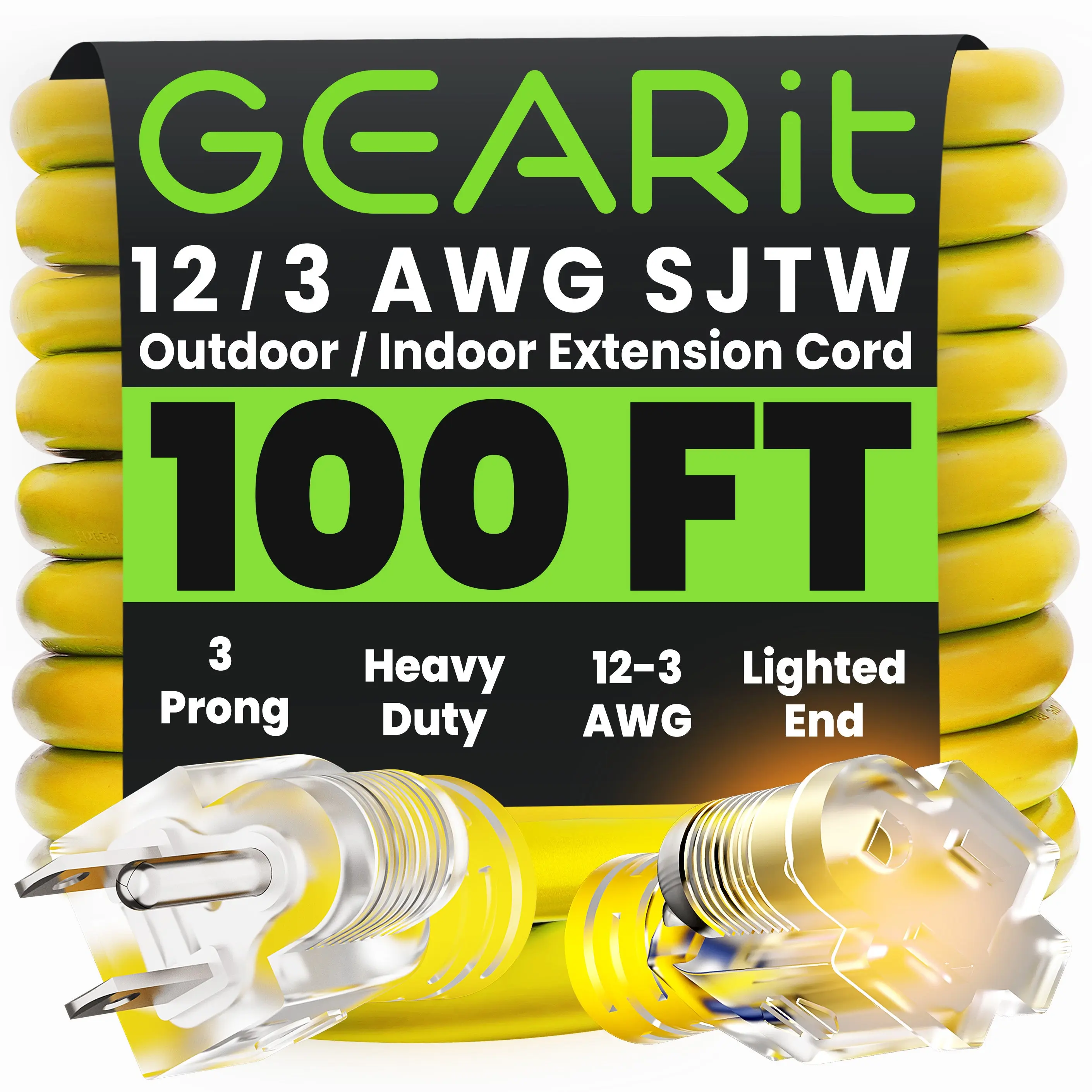 GEARit Heavy-Duty Power Outdoor Extension Cord Yellow, 100 Feet - 12/3 SJTW All-Weather Cord for Indoor and Outdoor Use extension cord GEARit Heavy-Duty Power Outdoor Extension Cord Yellow, 100 Feet - 12/3 SJTW All-Weather Cord for Indoor and Outdoor Use extension cord