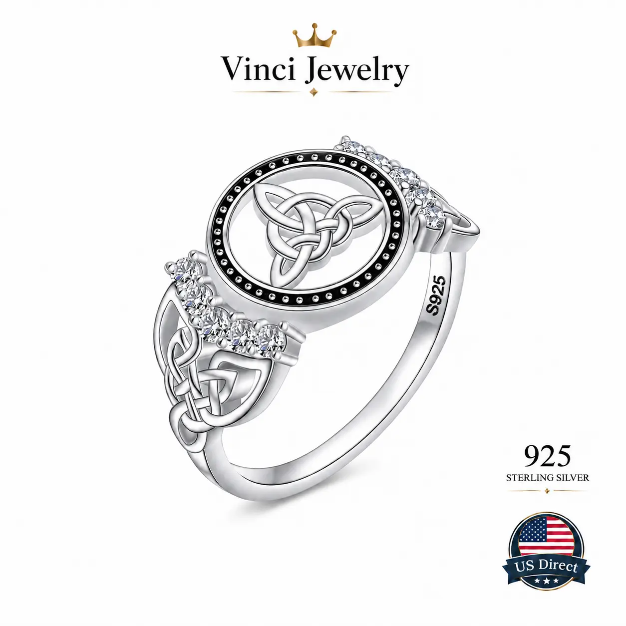 925 Sterling Silver Vintage Celtic Knot Ring with Cubic Zirconia Decorated Victorian Vintage Silver Ring for Women Men, Protection Pagan Jewelry Suitable for Daily Wear