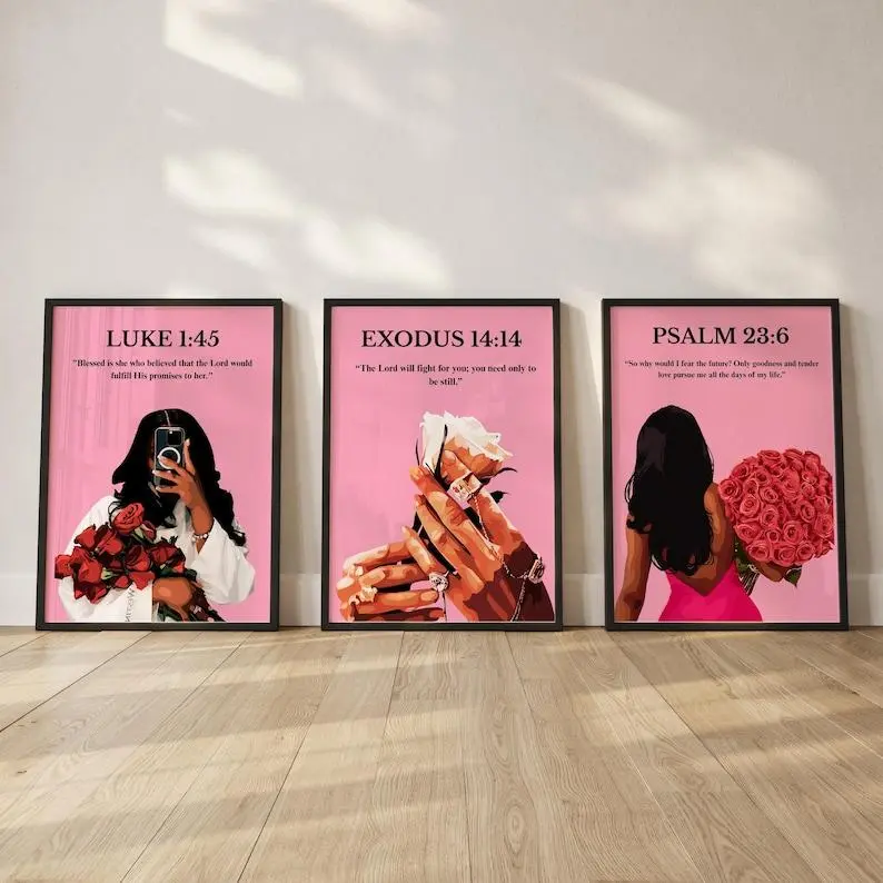 Pink Bible Verse Poster Unframed ; Christian Black Girl Wall Art Set 3