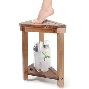 14in Acacia Wood Waterproof Corner Shower Foot Rest Stool with Storage Shelf for Shaving Legs, Suitable for Inside Small Shower Spaces, Wood Color