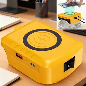 Fast wireless charger adapter for Dewalt 18V and 20V batteries. Also functions as a heavy-duty power bank. Dual USB Type-C charging station design. Compatible with 20V MAX smartphones, tablets, and other electronic devices.