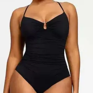New Keyhole Halter One Piece Swimsuit, Slimming Ruched Bathing Suit, Flattering Swimwear for Vacation