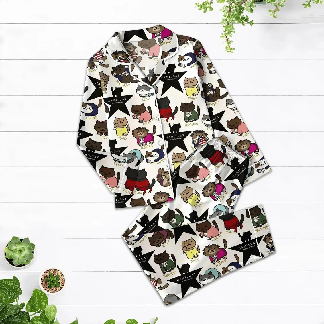 Hamilton Cat Pajamaset, Broadway Musical Cat Satin, Cute Theater Pjs, Funny Hamilton Parody Loungewear, Cozy Sleepwear Gift For Fans Pajama Set For Lovely Sunday Breakfasts