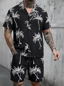 Men's Summer Plus Size Tropical Palm Tree Print Two-Piece Set, High-Height Hawaiian Shirt Shorts, Loose Beachwear Suit