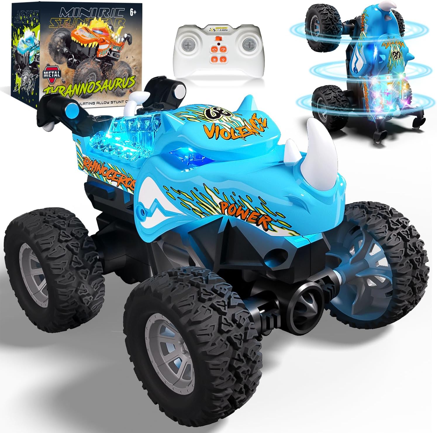1:64 Monster Trucks Toys 2.4GHz Mini Remote Control Car for Boys 4-7 360° Spin Walk Upright Little Truck Metal Shell RGB Light Christmas Birthday Gifts