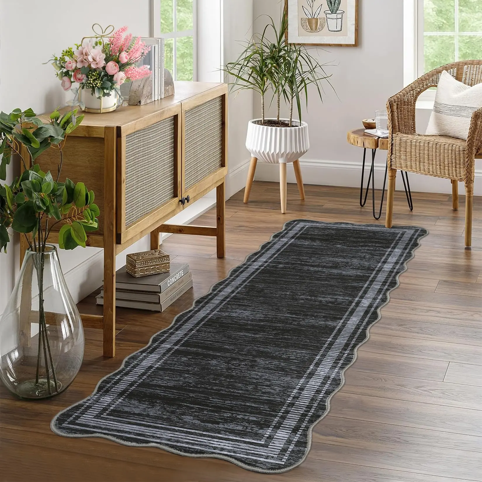 GARVEE Modern Solid Scalloped Runner Rug  2x6 Kitchen Runner Rug Contemporary Carpet Machine Washable Stain Resistant Floor Cover For Living Room Bedroom Hallway Laundry,Black