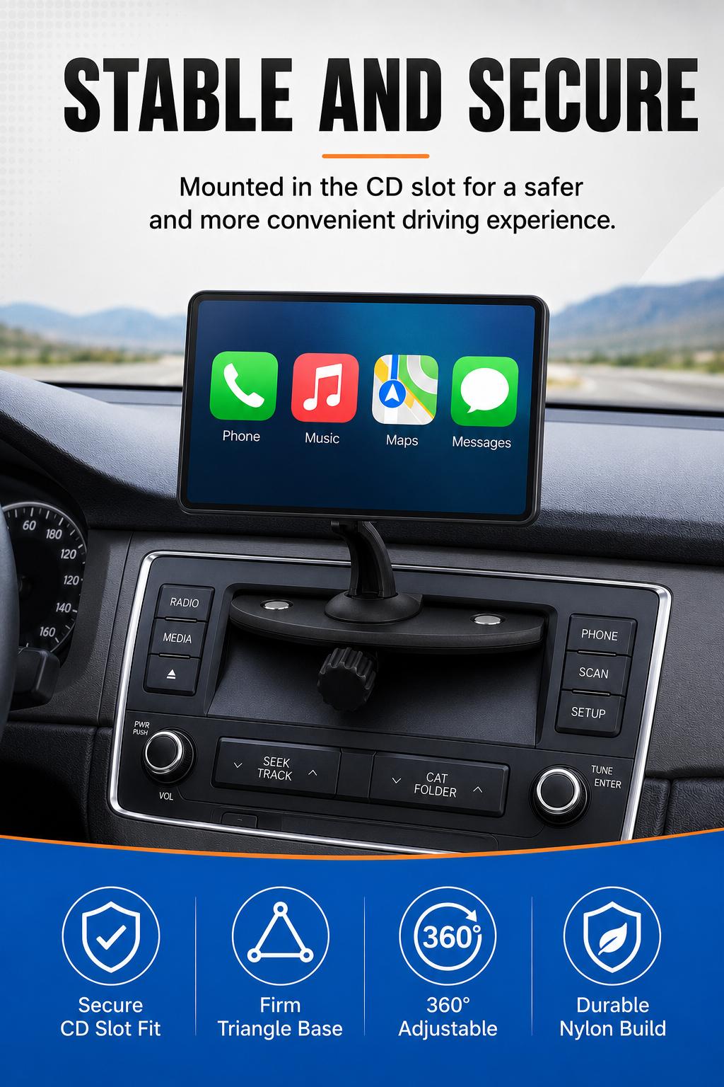 Car CD Slot Mount, 360-Degree Rotatable Universal Holder with Triangle Stabilizing Support for Cars’ Dashcam, GPS, Infotainment Screens – Nylon Compact Auto Accessories, Infotainment Screen Mounts & Holders, Adjustable