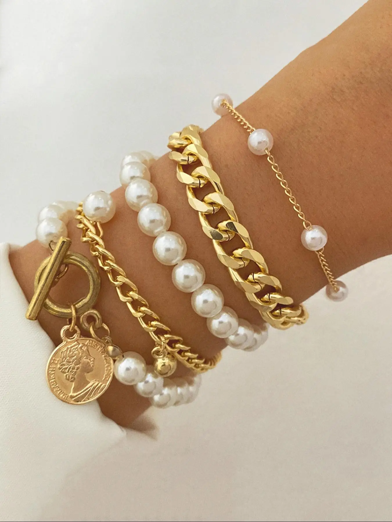 Faux Pearl Decorated White Beaded Bracelet & Link Chain Bracelet, Adjustable Link Elegant Jewelry Bracelet Set for Women & Girls, Fashion Layers Jewel