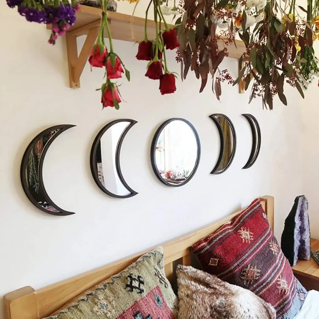 5 Pieces Wall Decorative Interior Design Wooden Moon Wall Decoration for Home Living Room Bedroom -(Black)