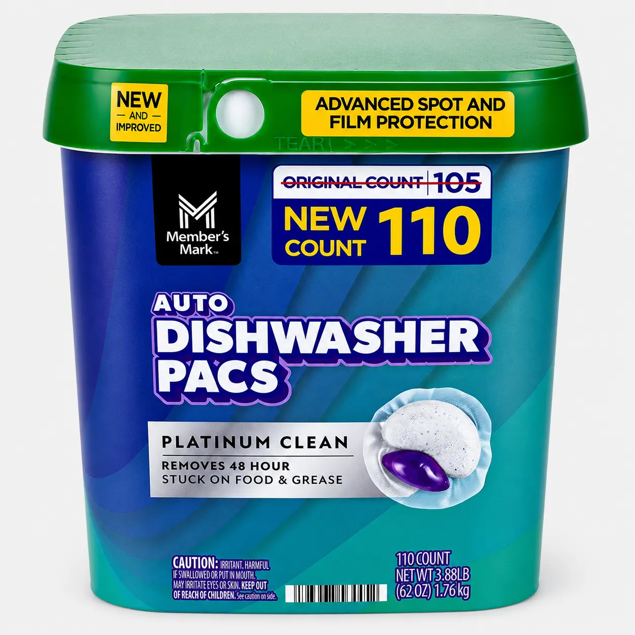 Member's Mark Platinum Clean Automatic Dishwasher Pacs - 110 Count Dishwasher Cleaner with Stain Removal, Fresh Scent, 12 Months Long Lasting Performance, Household Bucket Home Care Supplies, Home Supplies
