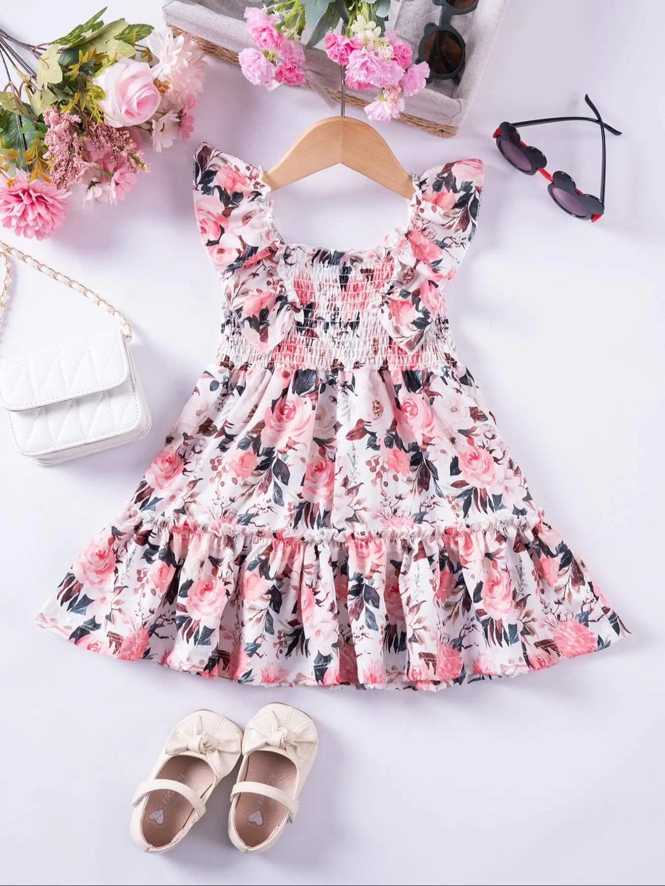 Girl's Floral Print Ruffle Trim Fly Sleeve Sweater Dress, Cute Casual Sleeveless Knit Dress for Summer, Kids Clothes for Daily Wear