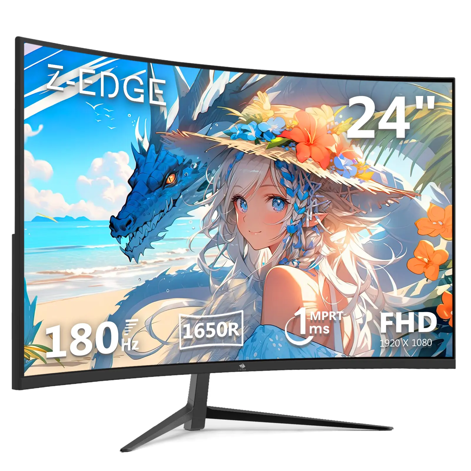 Z-EDGE 24" Curved Gaming Monitor, VA Screen, 180Hz Refresh Rate, 1ms MPRT, FHD 1080P Resolution, Low Blue Light, FreeSync, DP & HDMI Ports, HDR Support, Back-to-School Essential, Monitor Gamer