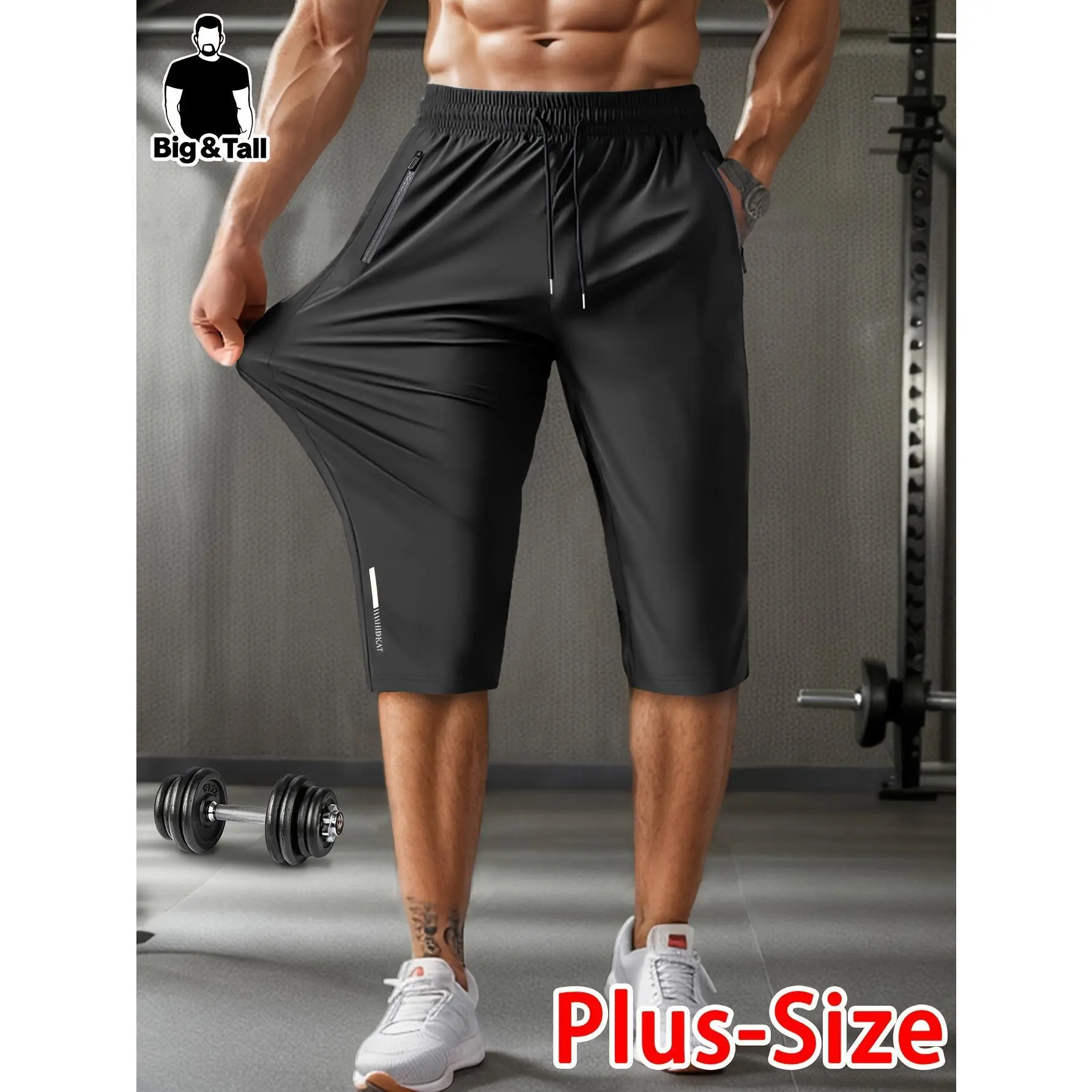 Men's plus size high elasticity 3/4 seven inch sports casual pants Loose elastic drawstring zipper pocket fitness pants Fat and breathable running training captcha pants