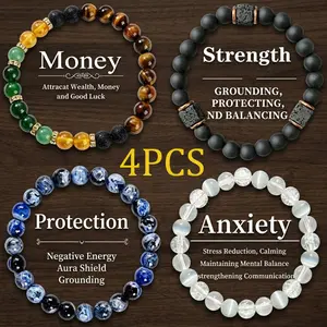 4Pcs Exquisite Boho Crystal Bracelet Set - Tiger Eye, Green Aventurine & Hematite Beaded Jewelry for Money Attraction, Stretch Bracelets Hawaii Charm Bracelet for Women Men Summer Beach Holiday, Manifestation Jewelry Gift for Mom's Day, Father's Day tikto