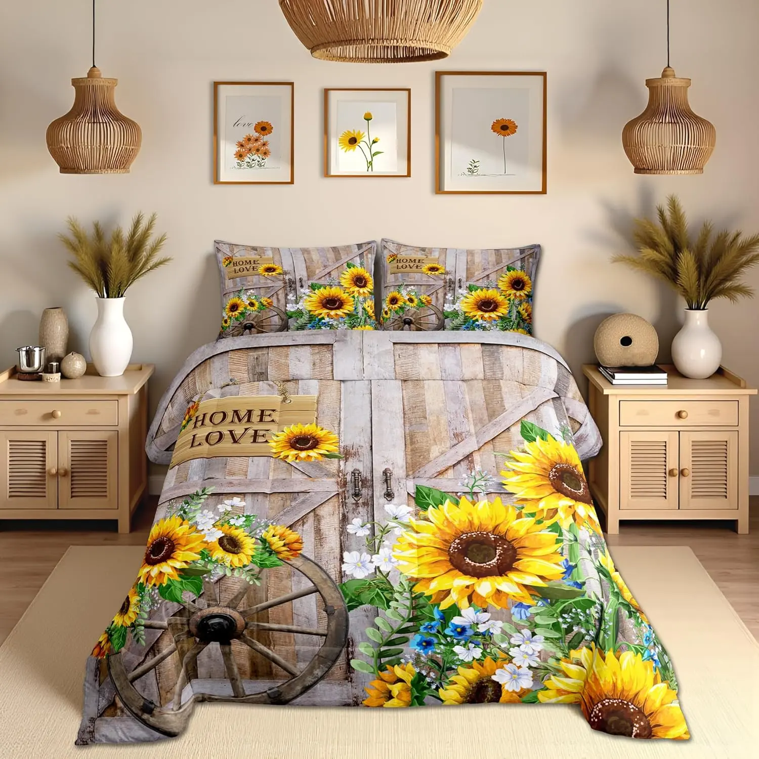 Sunflower Comforter Set Rustic Farmhouse Bedding Set Spring Flowers Quilt Set Women Room Decor Home Themed Barn Door Duvet Insert
