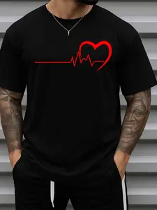 Men’s Heartbeat Love Geometric Pulse Print T-Shirt, 180G 100% Pure Cotton Round Neck Short Sleeve Black Y2K Hip Hop Streetwear Casual Tee