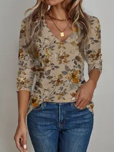 Women's Vintage Floral Print V-Neck Long Sleeve Top, Womenswear, Perfect Fit for Spring & Fall, Ideal for Casual Wear
