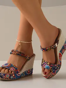 Women's Vintage Ethnic Style Colorful Print Straw Wedge Sandals, Adjustable Metal Buckle, Breathable, Non-Slip, Multi-Scene Compatible