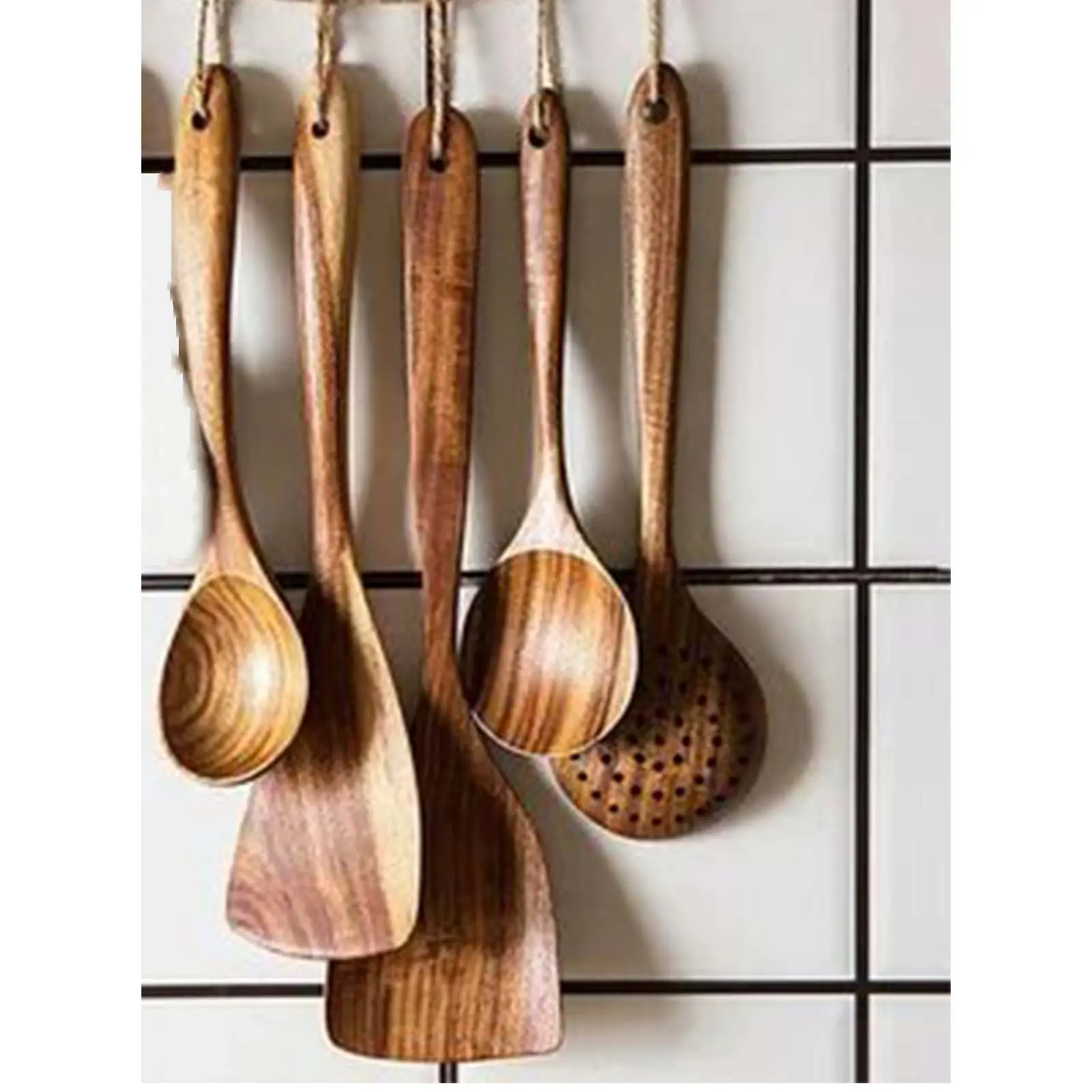 5-Piece Natural Acacia Wood Solid Spoon Set - Food Grade Utensils, Reusable Everyday Use Kitchen Accessories, Durable Kitchenware Compatible with Non-Stick Cookware