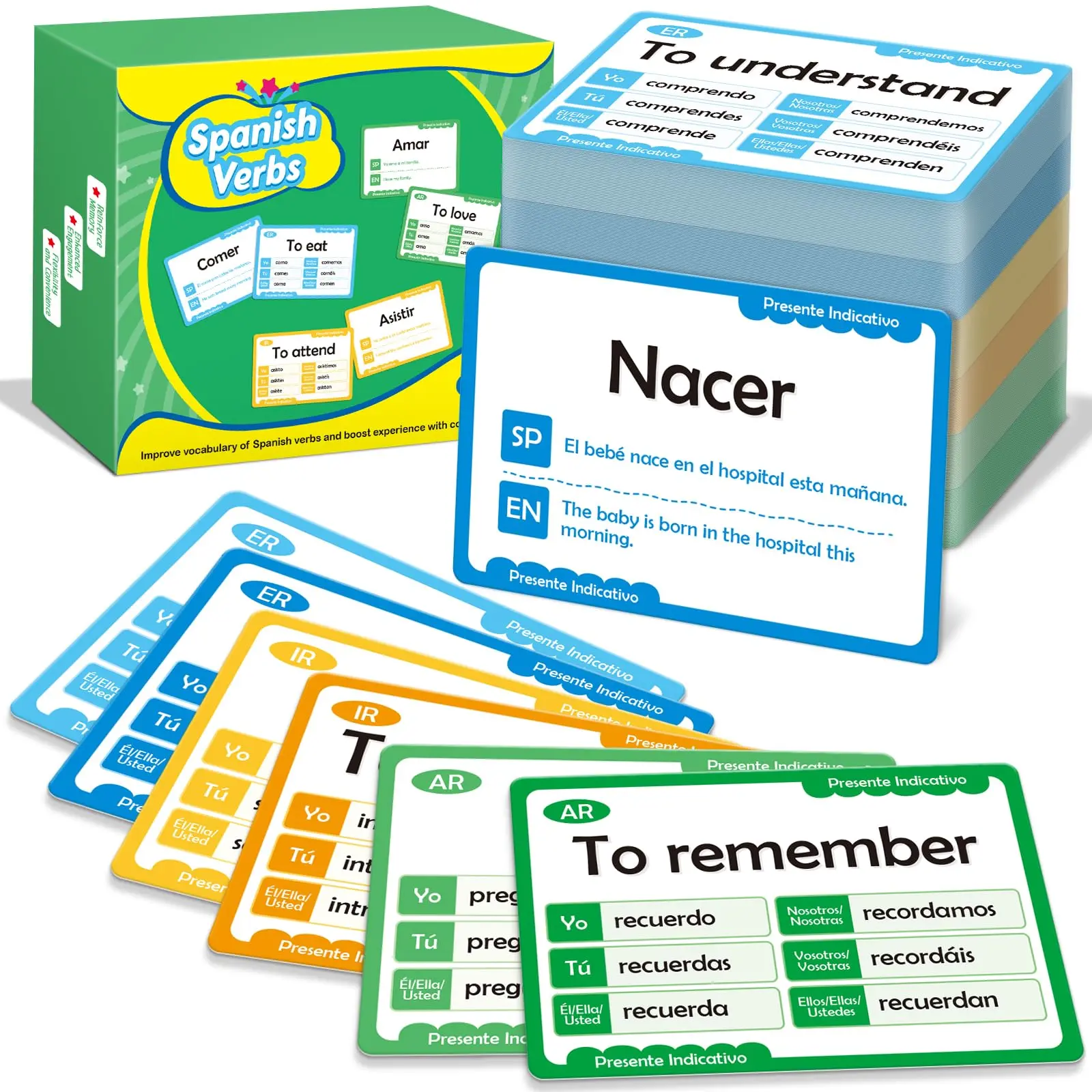 280 Spanish Vocabulary Flash Cards for Beginners - Bilingual Instruction Cards with 6 Verb Forms, Conjugation, Phrases, Sight Words for Daily Conversation