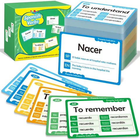 280 Spanish Vocabulary Flash Cards for Beginners - Bilingual Instruction Cards with 6 Verb Forms, Conjugation, Phrases, Sight Words for Daily Conversation