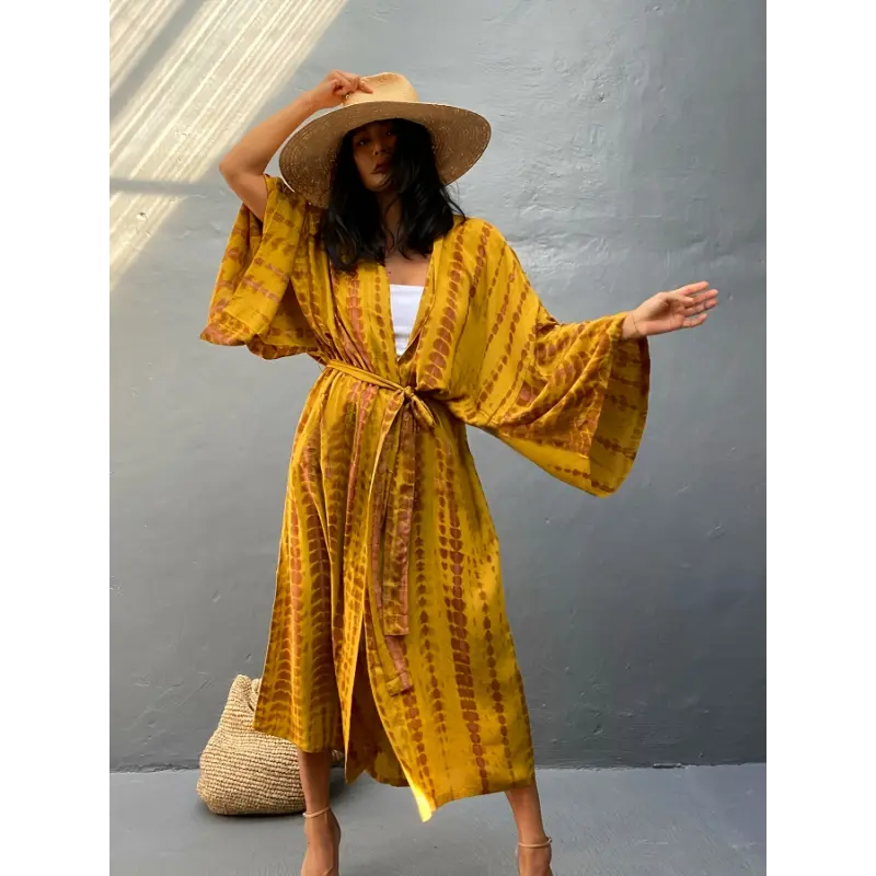 Bohemian style Women's Boho Chic Kimono Cover-Up - Loose Fit, Long Sleeve Beach Kaftan Dress with Tie-Front Detail, Yellow & Brown Random Print, Lightweight Viscose Material, Perfect for Vacation or Beach Days, Beach Cover Up|Bohemian Fashi