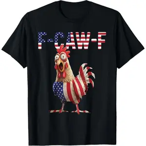 Funny F-Caw-F Chicken Rooster Meme USA Flag T-Shirt Fitted Crew Neck Short Sleeve Casual Comfy Tee Summer Menswear Round Neck Crewneck