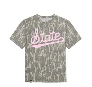 Mossy Oak Bottomland MSU State Script Pink Hunting T-Shirt – Licensed Mississippi State Camo Tee with Feminine Outdoor Sport Style