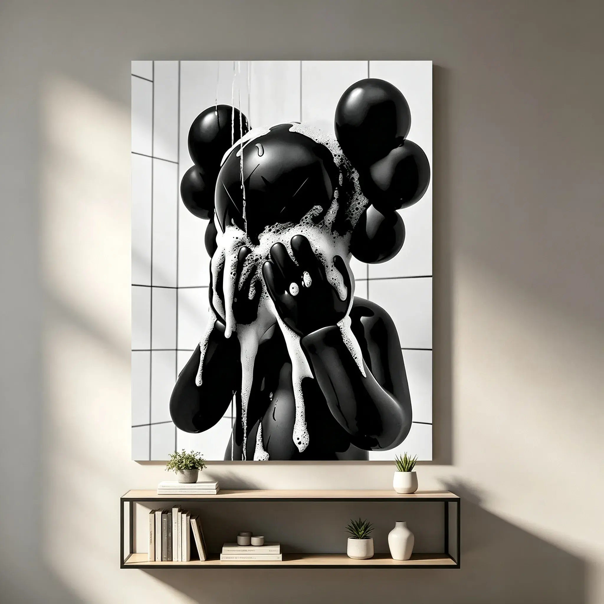 KAWS Shower Foam Canvas Wall Art, Black Companion Figure Washing Face With Soap Bubbles White Tile Background Pop Art Print, Modern Street Art Decor Bedroom Office Gift
