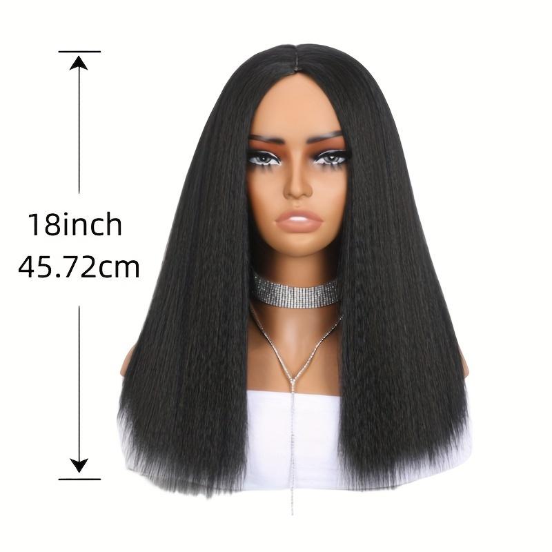 18-Inch Kinky Straight Black Bob Wig with Light Yaki Texture, Featuring a Density And a Middle Part, Perfect for Shoulder-Length Styles. Available in Synthetic Hair with Options in Black, Brown, Or Mixed Colors for Women