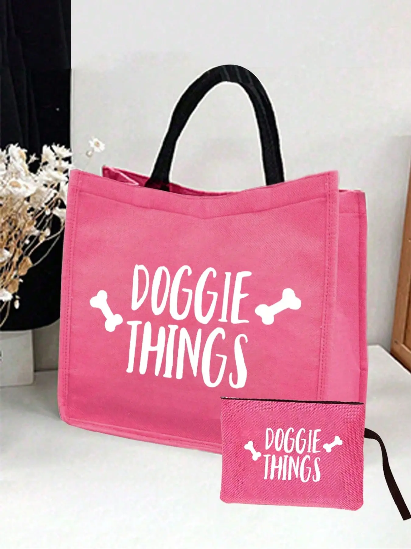 Doggie Things Envelope Style Fashionable Handbag Set, Rose Bone Pattern Print, Perfect Gift for Dog Lovers, Includes Makeup Bag & Mini Wallet, Tote Handbag
