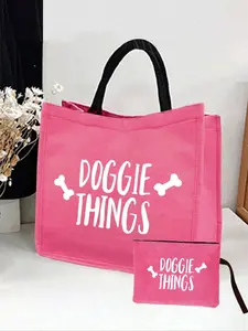 Doggie Things Envelope Style Fashionable Handbag Set, Rose Bone Pattern Print, Perfect Gift for Dog Lovers, Includes Makeup Bag & Mini Wallet, Tote Handbag