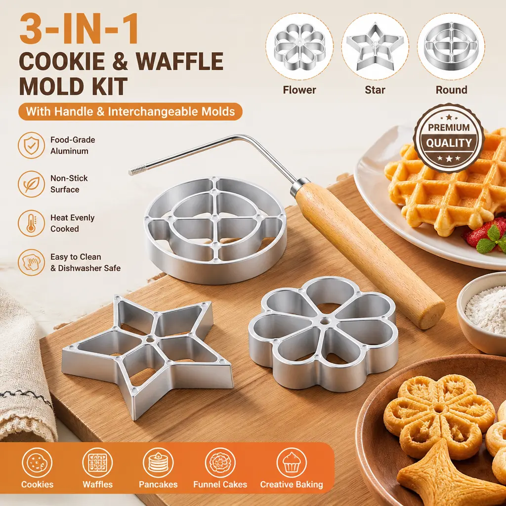 Aluminium Cast Rosette Cookie & Bunuelos Mold Set - 3 Interchangeable Heads (Star, Flower, Circle) with Handle, Easy to Use for Bakers, Moms, Adults, Neighbors - Mid Year Sale Deal