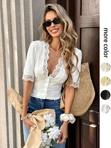 Women's French Style Elegant Chic Lace V-Neck Top, Hollow Embroidery & Ruffle Decor, Waist Cinching Slimming, Casual Vacation Shirt Blouse