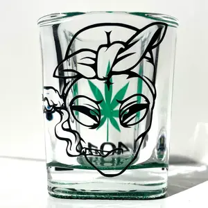 2oz Shot Glass Pot Leaf Alien Design with Green Glitter Bottom Unique Three-Sided Cocktail Glass Drinkware