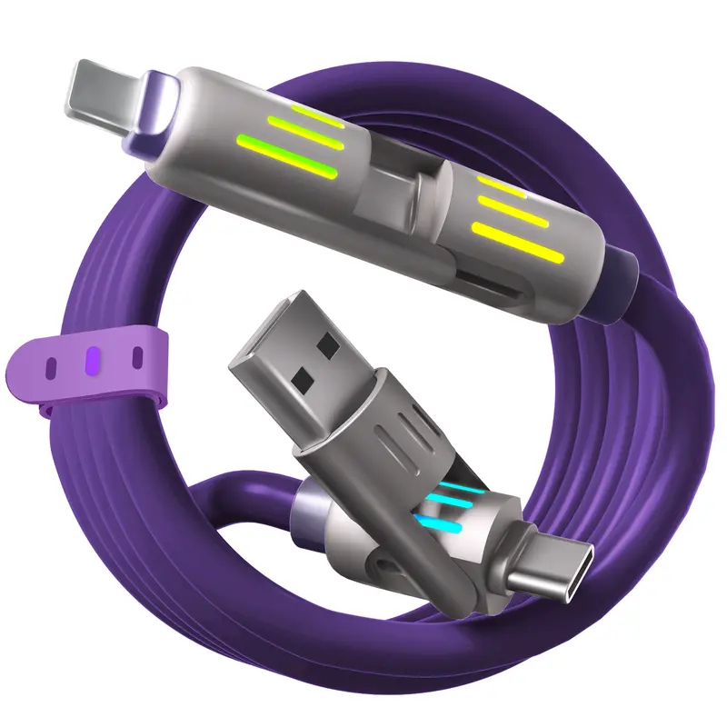 LWW 4-in-1 Multi Charging Cable - Type C Lightning, USB-A Connectors, LED Light Cord for Cellphone, Smartphone, Mobile Electronic Devices